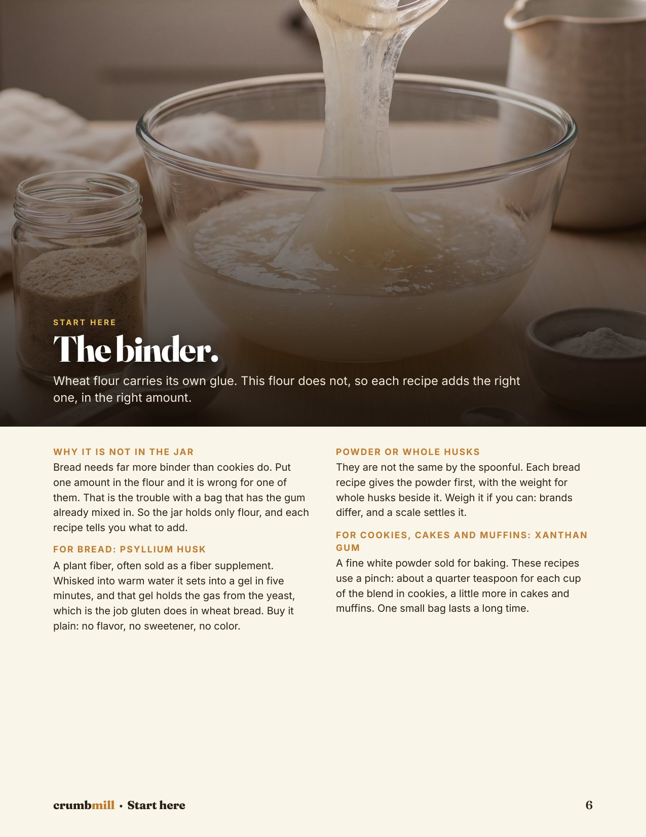 The page of the book called The binder: why it is not in the jar, psyllium husk for bread and xanthan gum for cookies, cakes and muffins