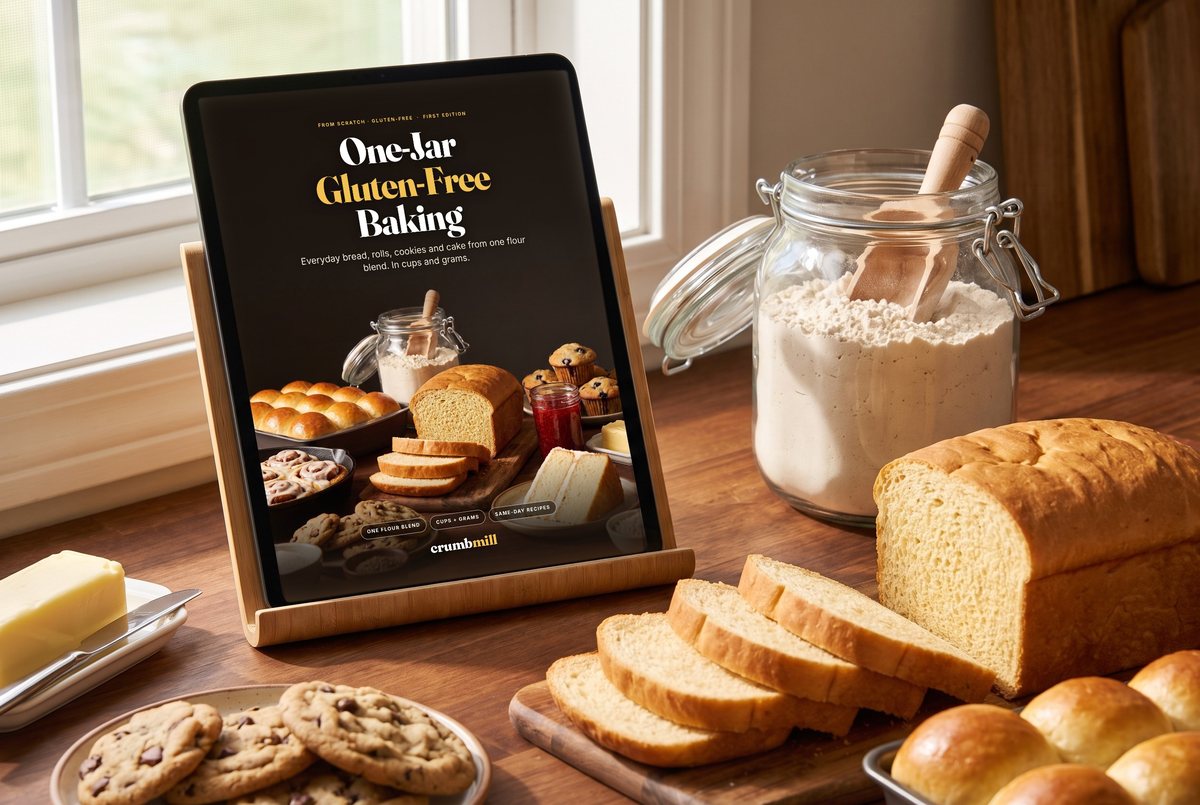 One-Jar Gluten-Free Baking open on a tablet on a kitchen counter, next to a glass jar of the flour blend, a sliced sandwich loaf, dinner rolls and a plate of chocolate chip cookies