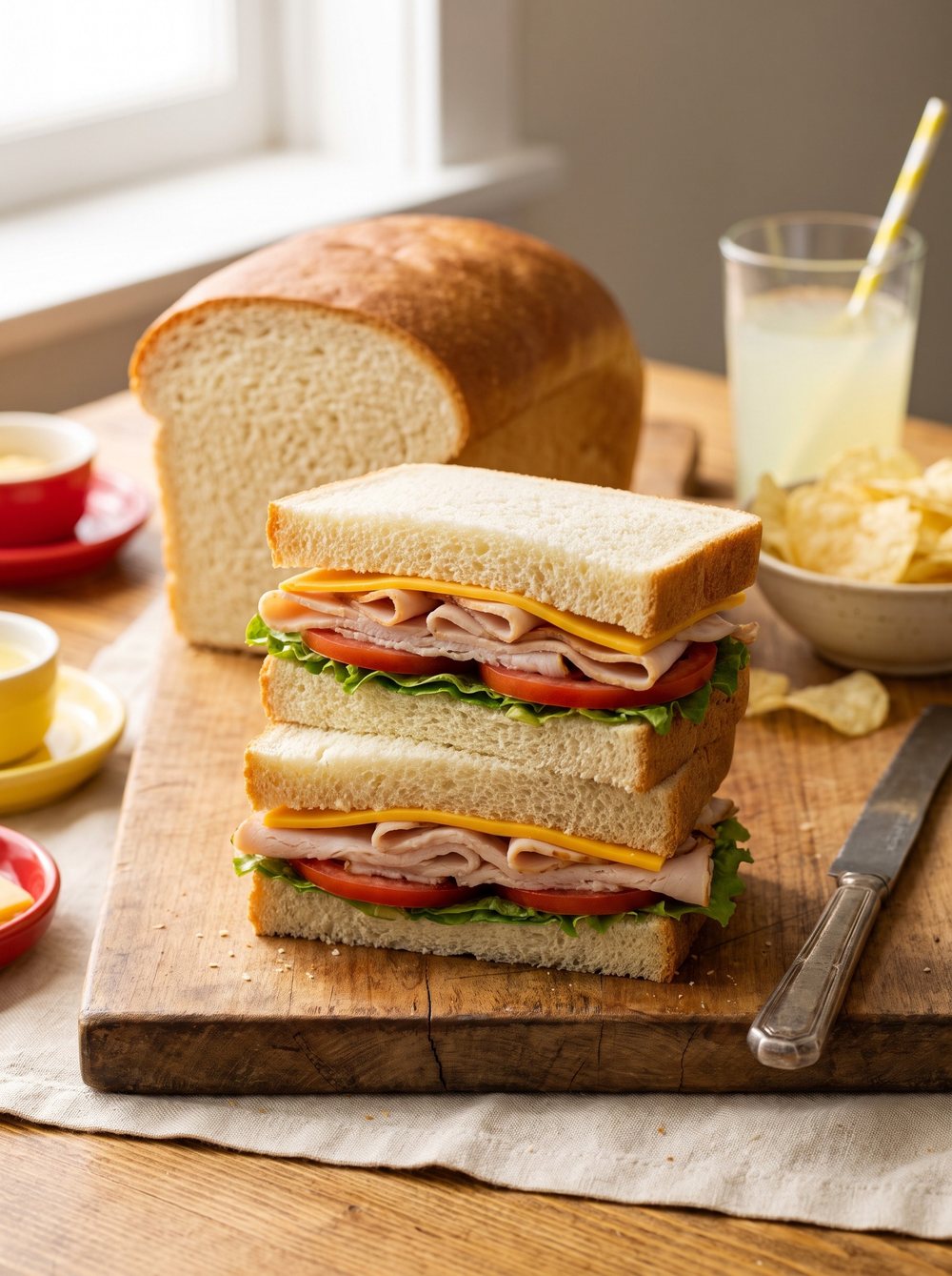 The Everyday Sandwich Loaf, sliced, next to a sandwich made with it