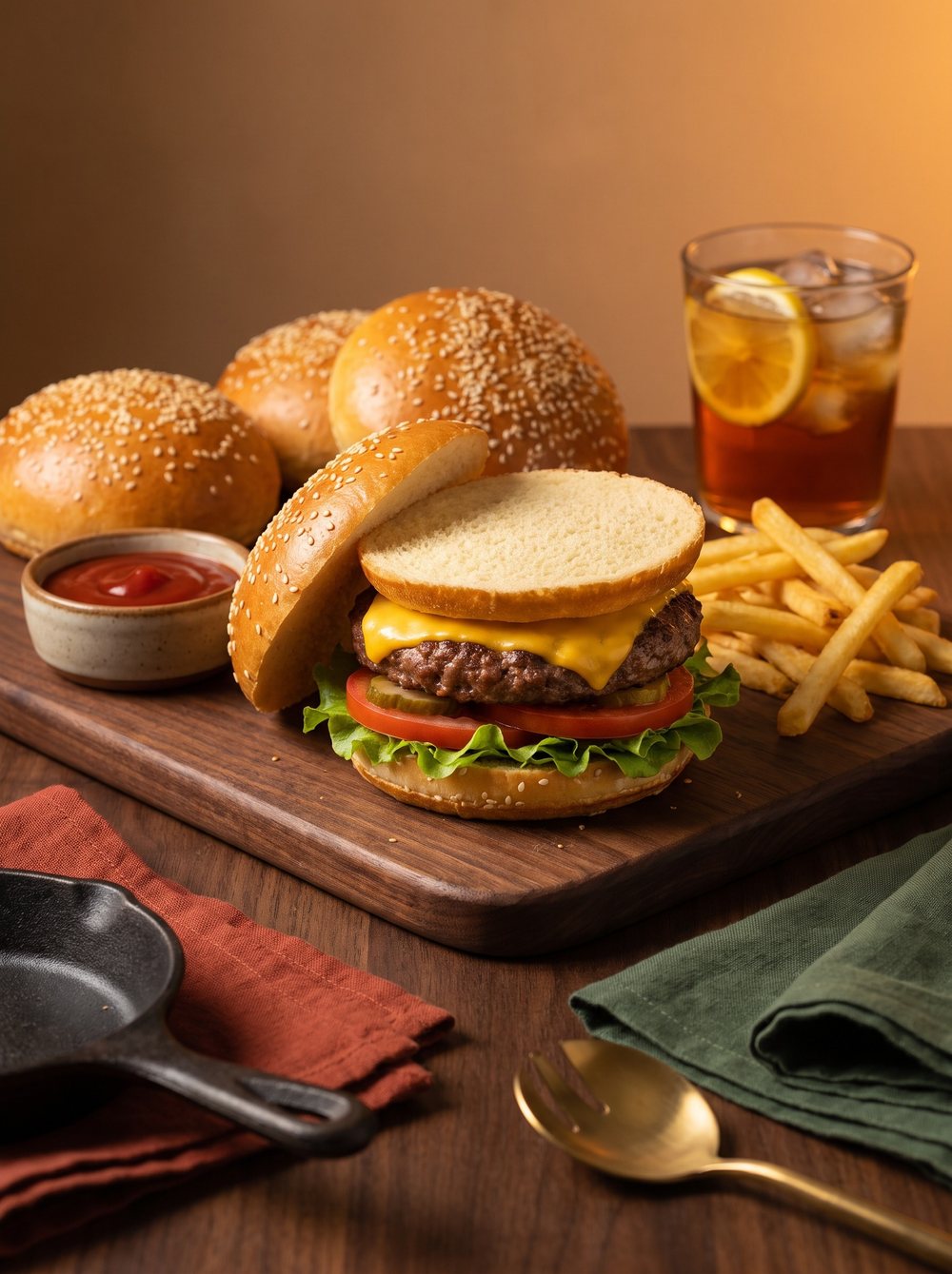 A cheeseburger on a sesame seed hamburger bun, with more buns behind it and a side of fries