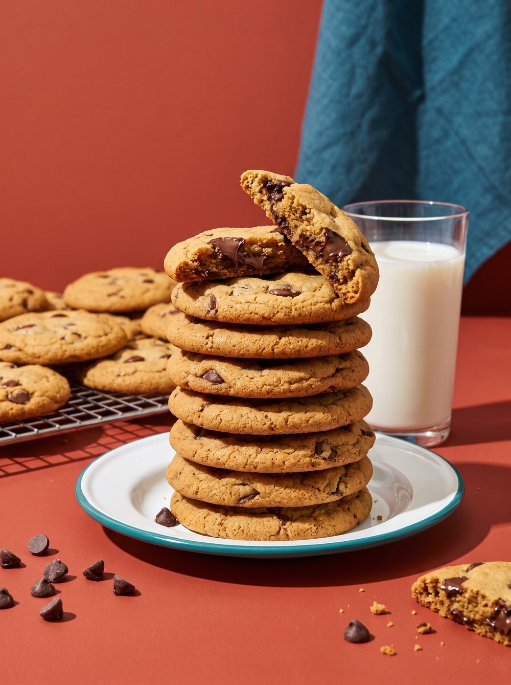 A stack of chocolate chip cookies next to a glass of milk