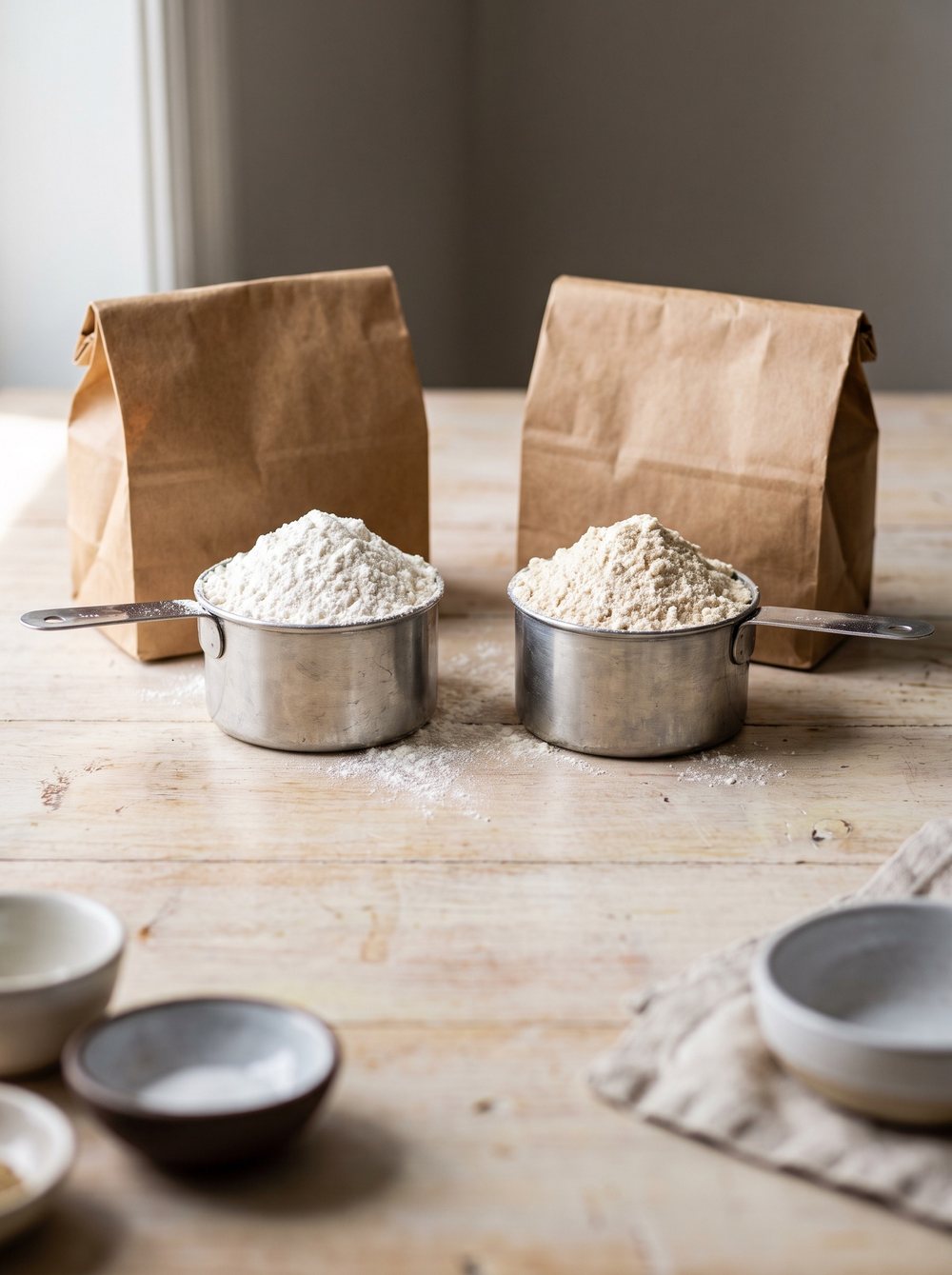 Two scoops of gluten-free flour blend from two different bags, side by side on a kitchen counter